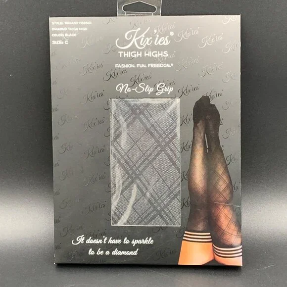 Kixies Thigh Highs Black Diamond Pattern Size C No-Slip Grip Tiffany 1305C - Picture 1 of 6